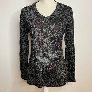 Long-sleeved V-neck gray and black leopard print rhinestone embellishments S M